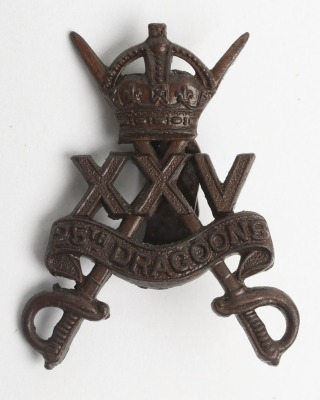 WW2 War Raised 25th Dragoons Officers Cap Badge