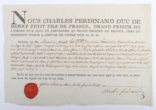 Napoleonic - Charles Fredinand Duc de Berry, Signed Document, 1801,