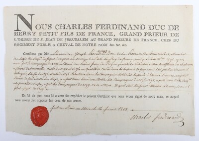 Napoleonic - Charles Fredinand Duc de Berry, Signed Document, 1801,