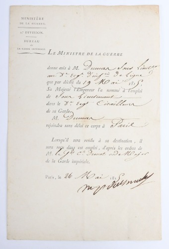 Napoleonic French Document from the Ministry of War in 1815