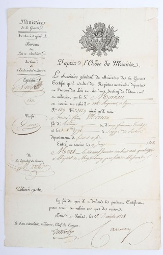 Official Document Relating to the death of French Soldier Moreaux of the 134th Regiment of the Line in 1813,