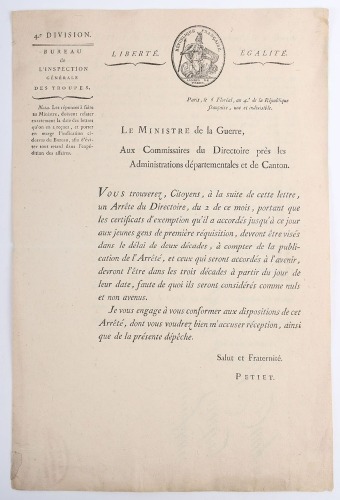 French Napoleonic Document of the 4th Division and Claude Petiet Interest