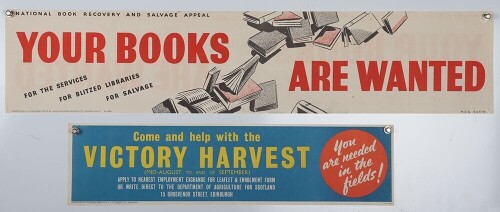 WW2 British Advertisement Posters, 'Victory Harvest' and 'Books Wanted'.