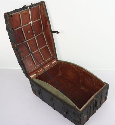 An Interesting Iron Bound Late 18th Century Leather-Covered Travelling Box with Bow Top