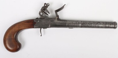 A 24 Bore Queen Anne Style Flintlock Boxlock Cannon Barrel Holster Pistol by Sanders of London