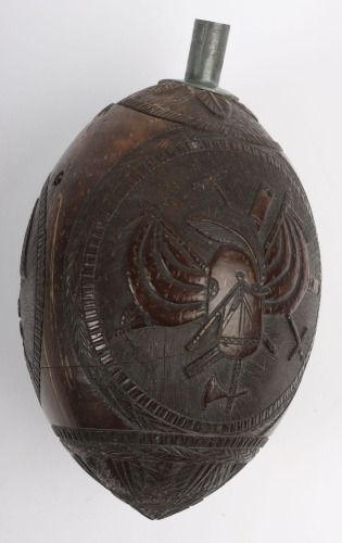 French Napoleonic Carved Coconut Flask with Scenes of Napoleon and Victories in Egypt