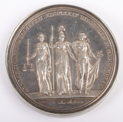 Prussian 1813 Silver Medal with Hand Coloured Illustrations of Battles from the Napoleonic Wars,