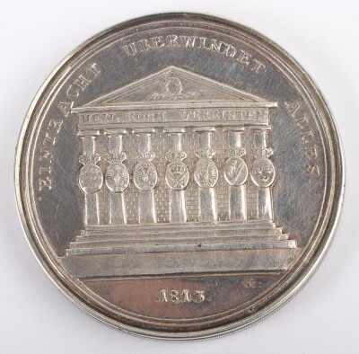 Prussian 1813 Silver Medal with Hand Coloured Illustrations of Battles from the Napoleonic Wars, - 2
