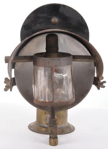A large railway workers brass lamp, the back plate painted with &ldquo;locking lineman&rdquo;