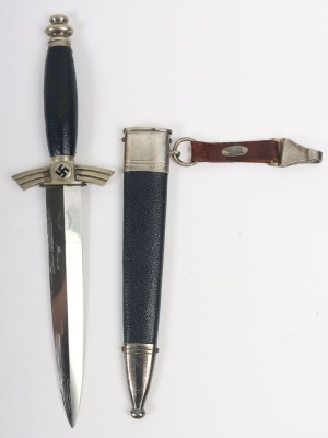 Third Reich DLV / NSFK Flyers Dagger by David Malsch, excellent example of a DLV / NSFK flyers knife with nickel silver fittings. Blue leather covering to the grip and scabbard. Short leather hanging strap attached to the scabbard. Nice patina to the exte - 2