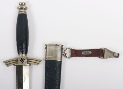 Third Reich DLV / NSFK Flyers Dagger by David Malsch, excellent example of a DLV / NSFK flyers knife with nickel silver fittings. Blue leather covering to the grip and scabbard. Short leather hanging strap attached to the scabbard. Nice patina to the exte - 3