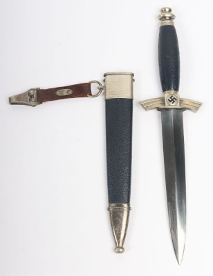 Third Reich DLV / NSFK Flyers Dagger by David Malsch, excellent example of a DLV / NSFK flyers knife with nickel silver fittings. Blue leather covering to the grip and scabbard. Short leather hanging strap attached to the scabbard. Nice patina to the exte - 5