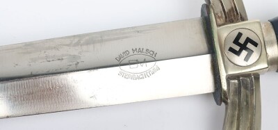Third Reich DLV / NSFK Flyers Dagger by David Malsch, excellent example of a DLV / NSFK flyers knife with nickel silver fittings. Blue leather covering to the grip and scabbard. Short leather hanging strap attached to the scabbard. Nice patina to the exte - 9
