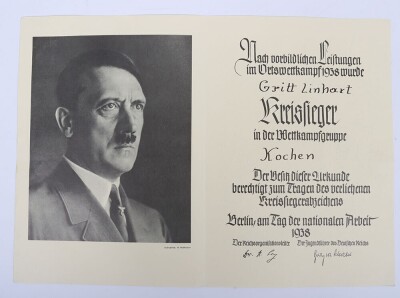 Third Reich Hitler Youth (Hitlerjugend) 1938 Kreissieger Award by Gustav Brehmer, Markneukirchen, with Award Certificate to Kreissieger Gritt Linhart. - 5