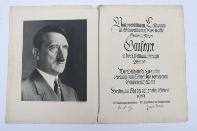 Third Reich 1939 Hitler Youth (Hitlerjugend) Gausieger Award by G. Brehmer with Award Certificate and Original Presentation Folder to Gausieger Heinrich Burger - 5
