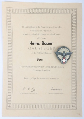 Third Reich 1944 Hitler Youth (Hitlerjugend) Gausieger Award by G. Brehmer with Rare Award Certificate to Gausieger Heinz Bauer