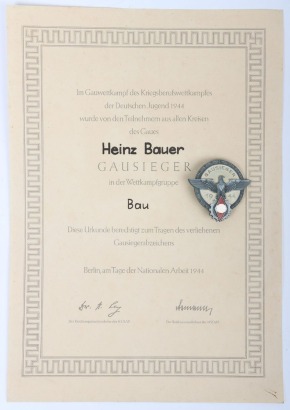 Third Reich 1944 Hitler Youth (Hitlerjugend) Gausieger Award by G. Brehmer with Rare Award Certificate to Gausieger Heinz Bauer