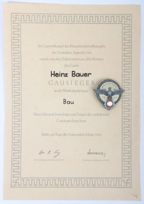 Third Reich 1944 Hitler Youth (Hitlerjugend) Gausieger Award by G. Brehmer with Rare Award Certificate to Gausieger Heinz Bauer