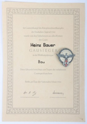 Third Reich 1944 Hitler Youth (Hitlerjugend) Gausieger Award by G. Brehmer with Rare Award Certificate to Gausieger Heinz Bauer - 2