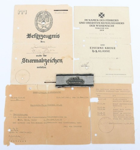 WW2 German Tank Destruction Badge and Award Document Group to Leutnant Willy Hild, Member of Panzer-Artillerie-Regiment 92