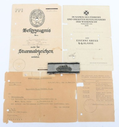 WW2 German Tank Destruction Badge and Award Document Group to Leutnant Willy Hild, Member of Panzer-Artillerie-Regiment 92