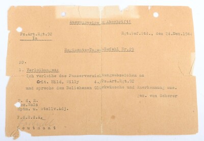 WW2 German Tank Destruction Badge and Award Document Group to Leutnant Willy Hild, Member of Panzer-Artillerie-Regiment 92 - 12