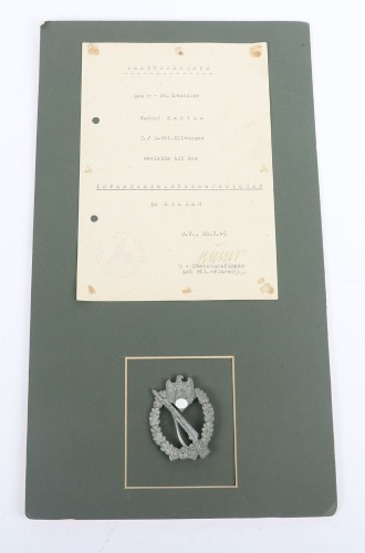 WW2 German Infantry Assault Badge in Silver by Steinhauer & L&uuml;ck with SS-Btl Ellwangen Award Document to SS-Pz. Gren. Rudolf Kahlau