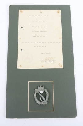WW2 German Infantry Assault Badge in Silver by Steinhauer & L&uuml;ck with SS-Btl Ellwangen Award Document to SS-Pz. Gren. Rudolf Kahlau