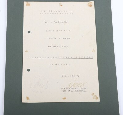 WW2 German Infantry Assault Badge in Silver by Steinhauer & L&uuml;ck with SS-Btl Ellwangen Award Document to SS-Pz. Gren. Rudolf Kahlau - 4
