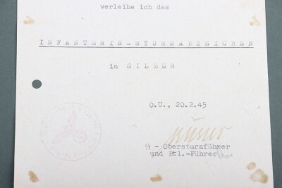 WW2 German Infantry Assault Badge in Silver by Steinhauer & L&uuml;ck with SS-Btl Ellwangen Award Document to SS-Pz. Gren. Rudolf Kahlau - 6