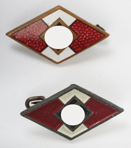 Two Third Reich Hitler Youth (Hitler Jugend) Membership Diamond Badges