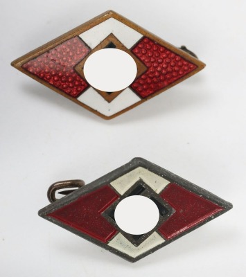 Two Third Reich Hitler Youth (Hitler Jugend) Membership Diamond Badges