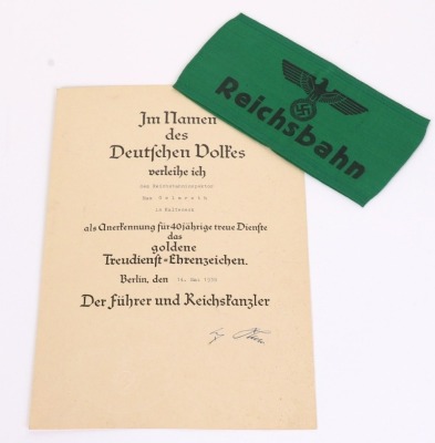 WW2 German Reichsbahn (Railway) Armband and 40 Year Certificate - 2