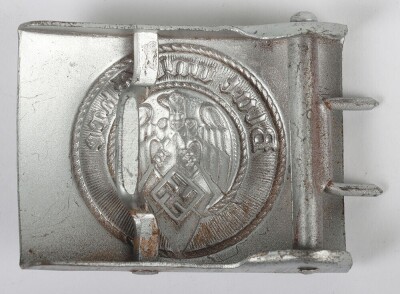 Third Reich Hitler Youth (Hitler Jugend) Belt Buckle by F.W. Assmann & S&ouml;hne, L&uuml;denscheid, stamped steel construction with central HJ eagle and diamond surrounded by the motto &ldquo;Blut und Ehre&rdquo;. Complete rarely encountered Assmann reverse set-up with integr - 3
