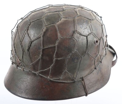 WW2 German Luftwaffe M40 Camouflaged Helmet with Wire Basket. - 6