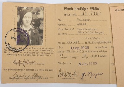 Third Reich Hitler Youth / BDM (Female Organisation) Membership Card and BDM Leader Card to Unterscharf&uuml;hrerin Luise Hillmer from District Oldernburg (91). - 4