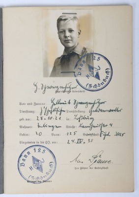 Grouping of 3 Third Reich Hitler Youth (Hitlerjugend) Proficiency Award Booklets and a Cloth RZM Proficiency Badge - 3