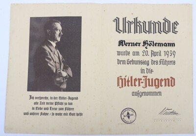 Third Reich Hitler Youth / Deutsches Jungvolk Paperwork Grouping to Oberhordenf&uuml;hrer Werner H&ouml;hlemann, Bann K&ouml;then (411) - 5