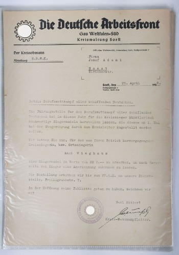 Third Reich Deutsches Arbeits Front (D.A.F) Document Grouping to Kreis- and Ortssiegerin Anni Wieghaus of the Firm Josef Adami