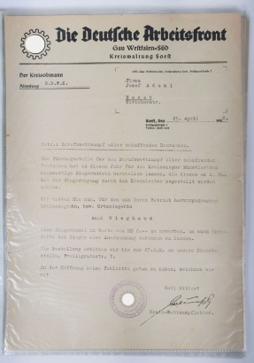 Third Reich Deutsches Arbeits Front (D.A.F) Document Grouping to Kreis- and Ortssiegerin Anni Wieghaus of the Firm Josef Adami