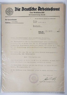 Third Reich Deutsches Arbeits Front (D.A.F) Document Grouping to Kreis- and Ortssiegerin Anni Wieghaus of the Firm Josef Adami - 4