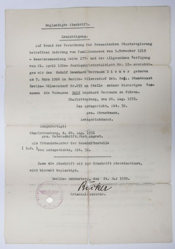 German Third Reich Name-Change Document to Rolf Leonhard Herrmann Diemer.