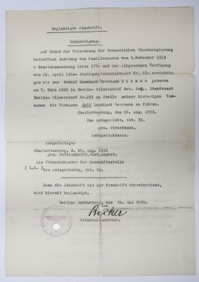 German Third Reich Name-Change Document to Rolf Leonhard Herrmann Diemer.