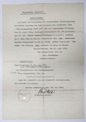 German Third Reich Name-Change Document to Rolf Leonhard Herrmann Diemer.