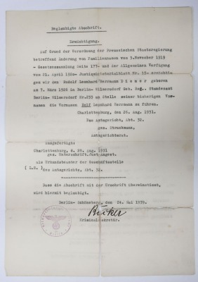 German Third Reich Name-Change Document to Rolf Leonhard Herrmann Diemer. - 2