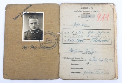 WW2 German Soldbuch to Feldwebel Wilhelm Fultz, Kfz.-Instandsetzungs-Kompanie 153 Kurland 1945