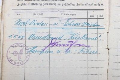 WW2 German Soldbuch to Feldwebel Wilhelm Fultz, Kfz.-Instandsetzungs-Kompanie 153 Kurland 1945 - 6