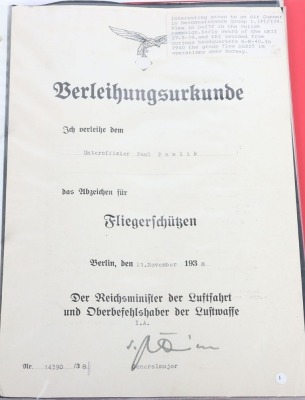 Luftwaffe Award Document Grouping to Uffz. P. Pawlik, Air Gunner of 1.(F)/124