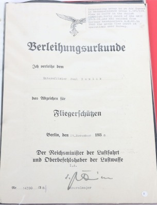 Luftwaffe Award Document Grouping to Uffz. P. Pawlik, Air Gunner of 1.(F)/124 - 2