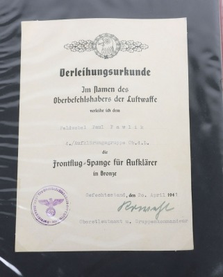 Luftwaffe Award Document Grouping to Uffz. P. Pawlik, Air Gunner of 1.(F)/124 - 5